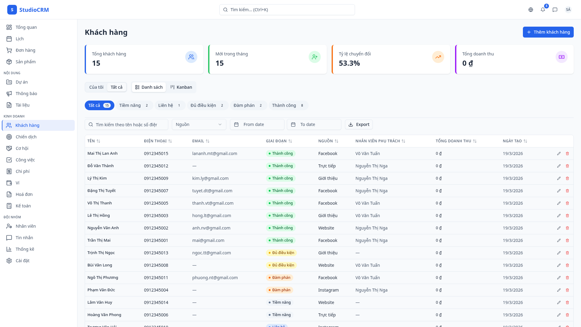 Khách hàng — CRM và Kanban