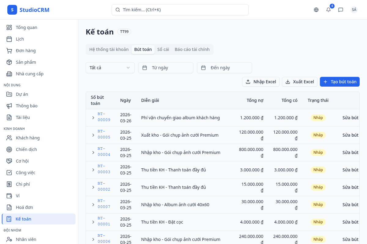 Danh sách bút toán