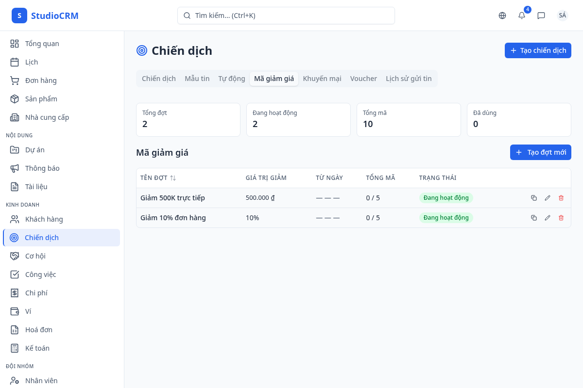 Danh sách mã giảm giá