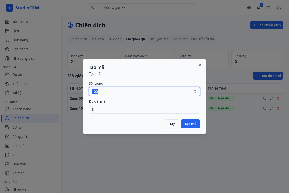 Sinh mã giảm giá