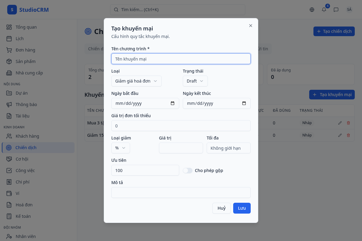 Tạo chương trình khuyến mại