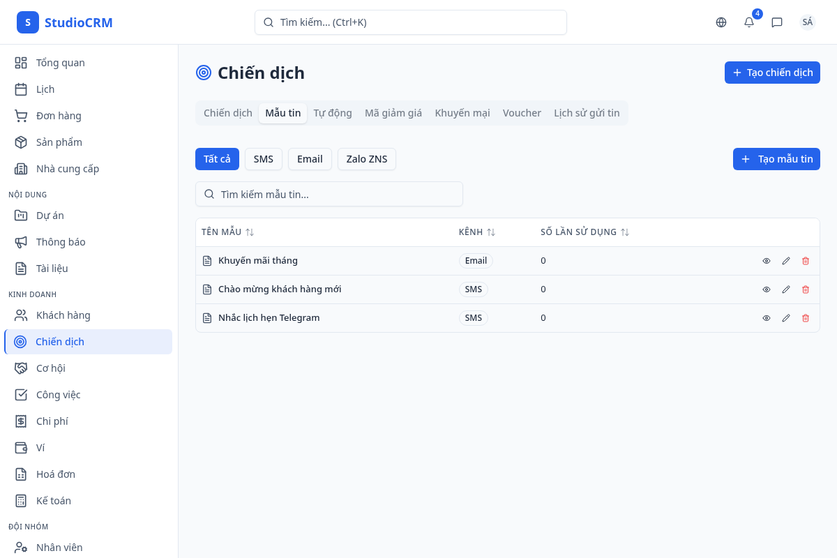 Danh sách mẫu tin nhắn