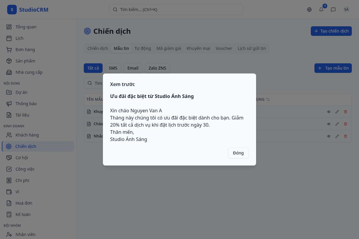 Xem trước mẫu tin nhắn
