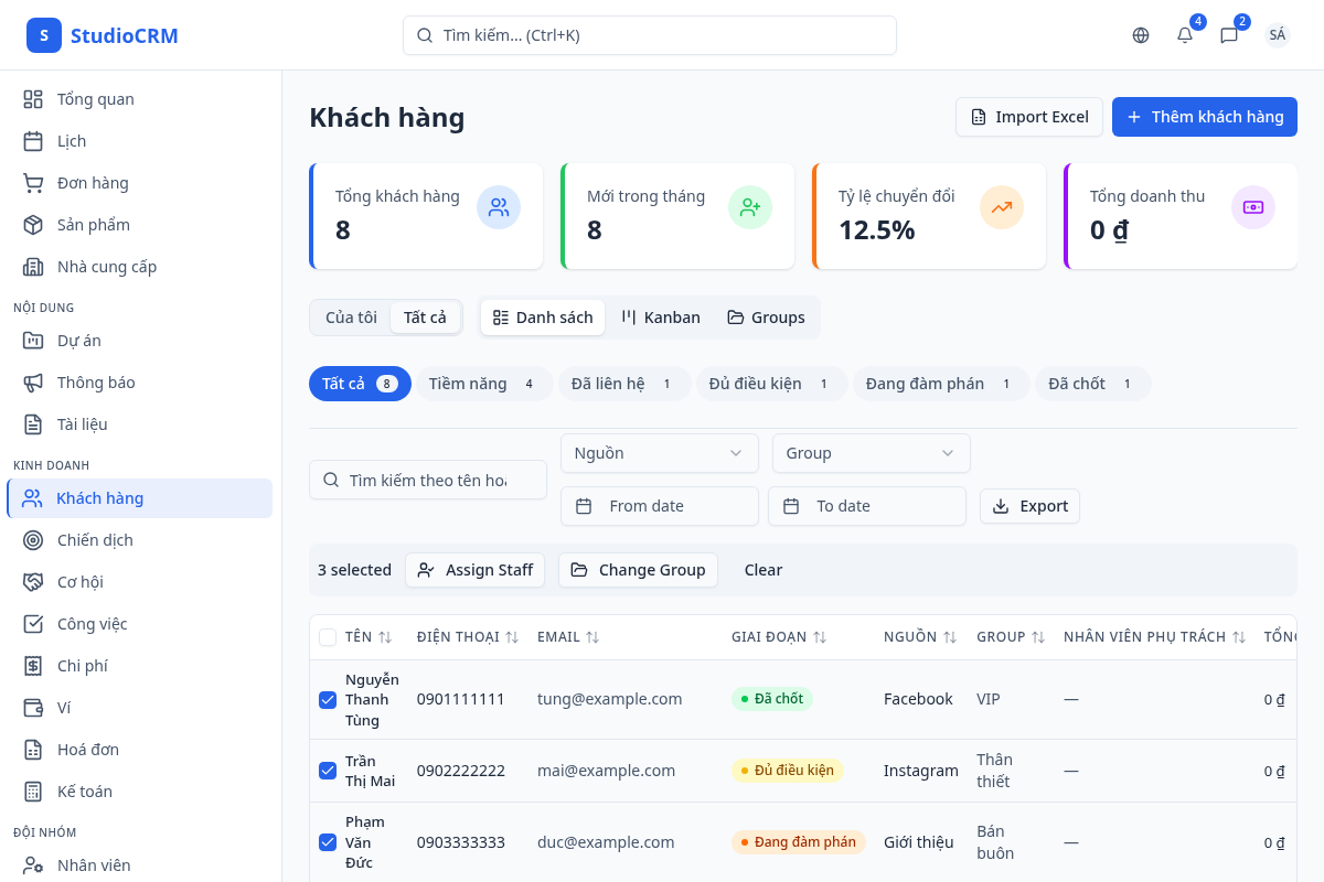 Thao tác hàng loạt khách hàng