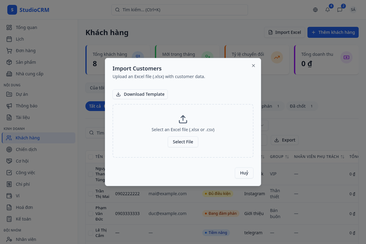 Nhập khách hàng từ Excel