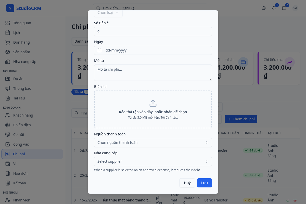 Tải biên lai và trích xuất AI