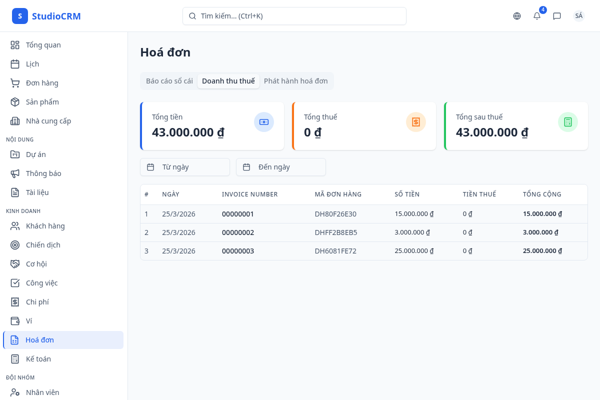 Báo cáo doanh thu chịu thuế