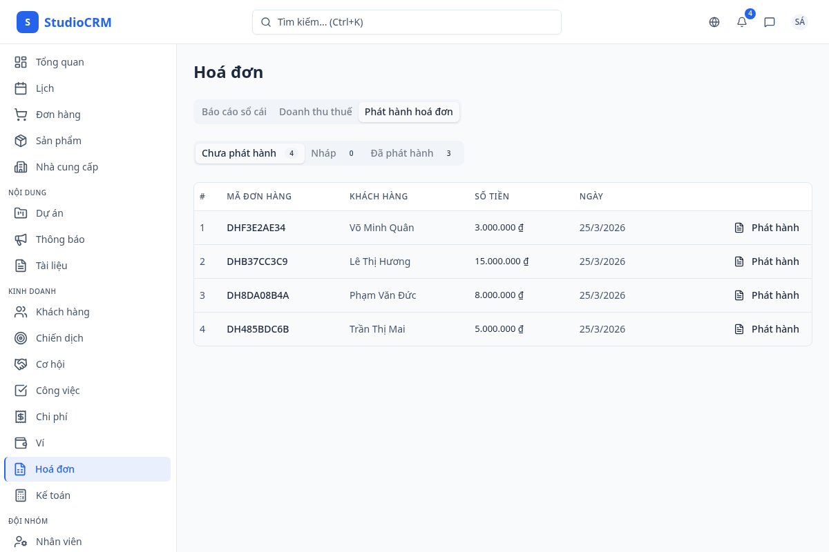Tab phát hành hoá đơn
