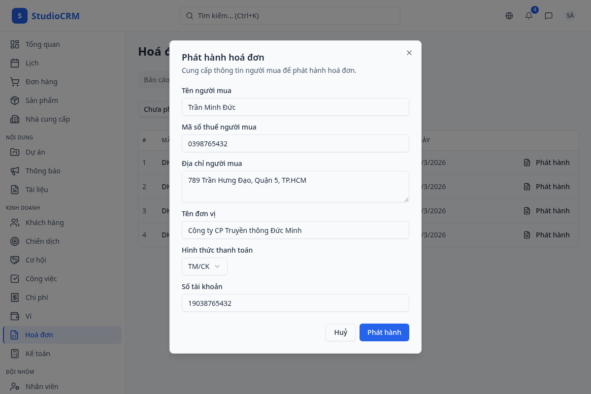 Hộp thoại phát hành hoá đơn