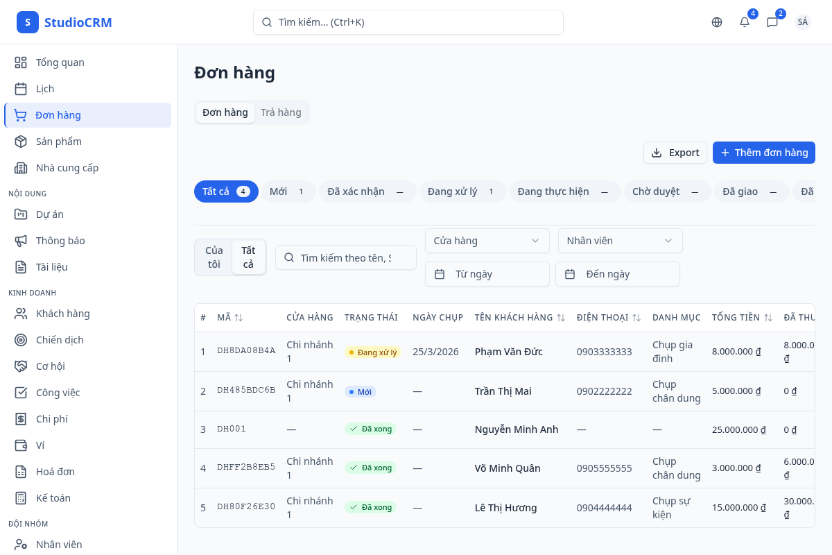 Danh sách đơn hàng