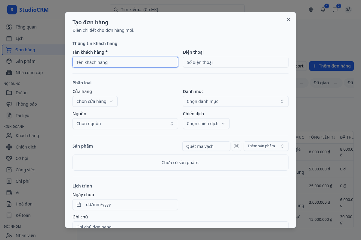 Tạo đơn hàng mới