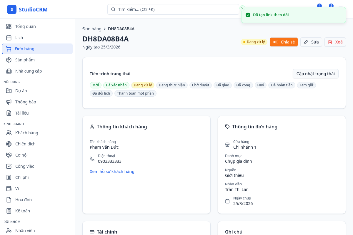 Chia sẻ link theo dõi
