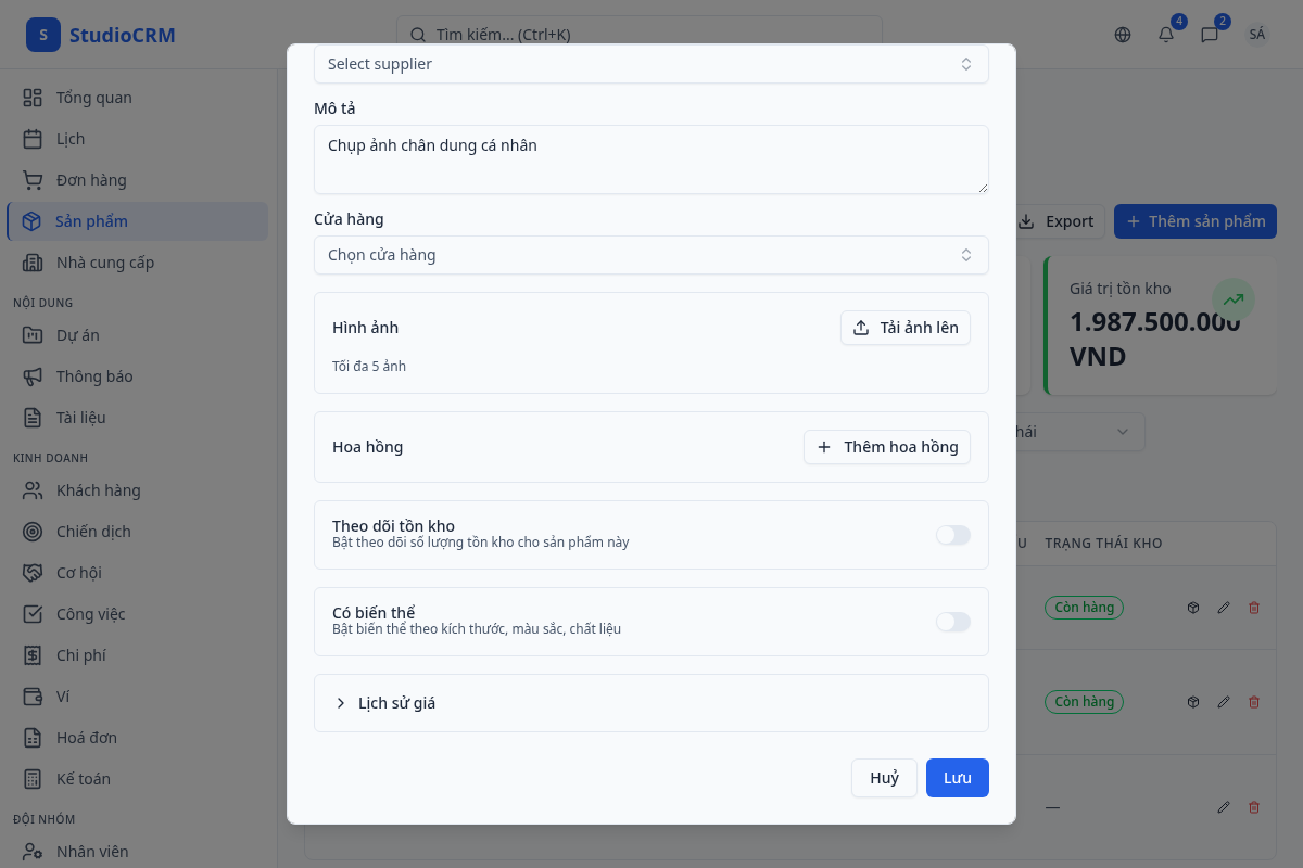 Bật theo dõi tồn kho