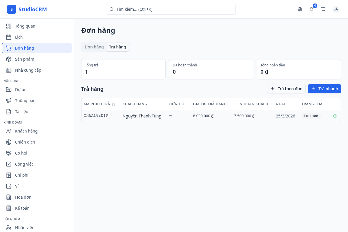 Danh sách trả hàng