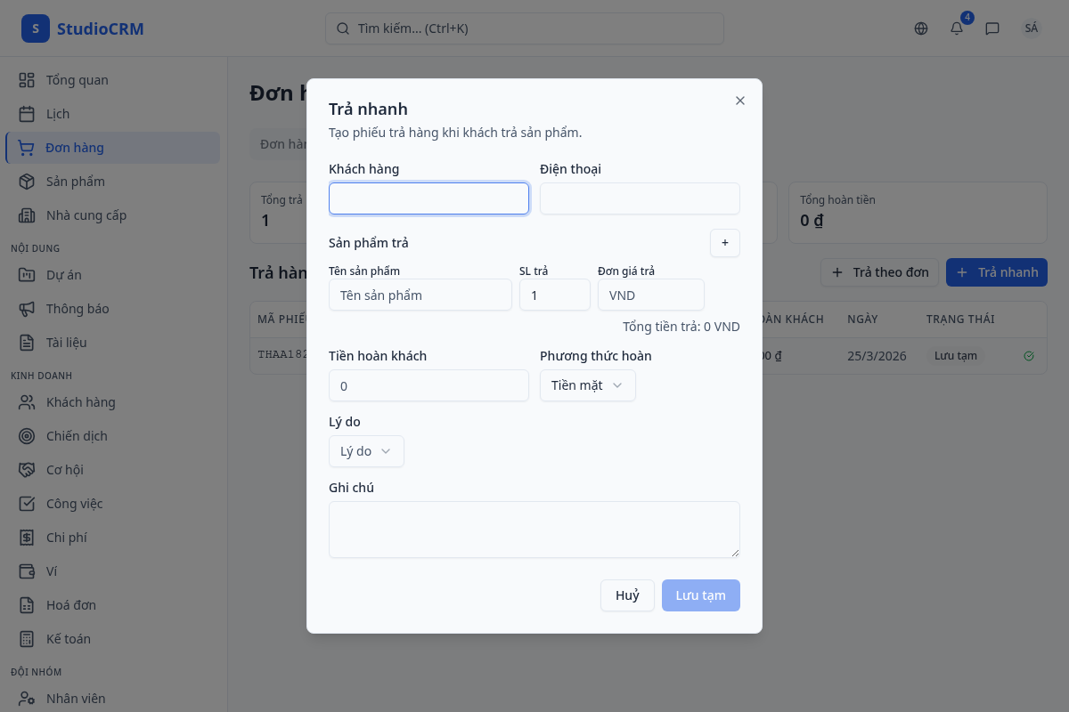 Tạo phiếu trả hàng