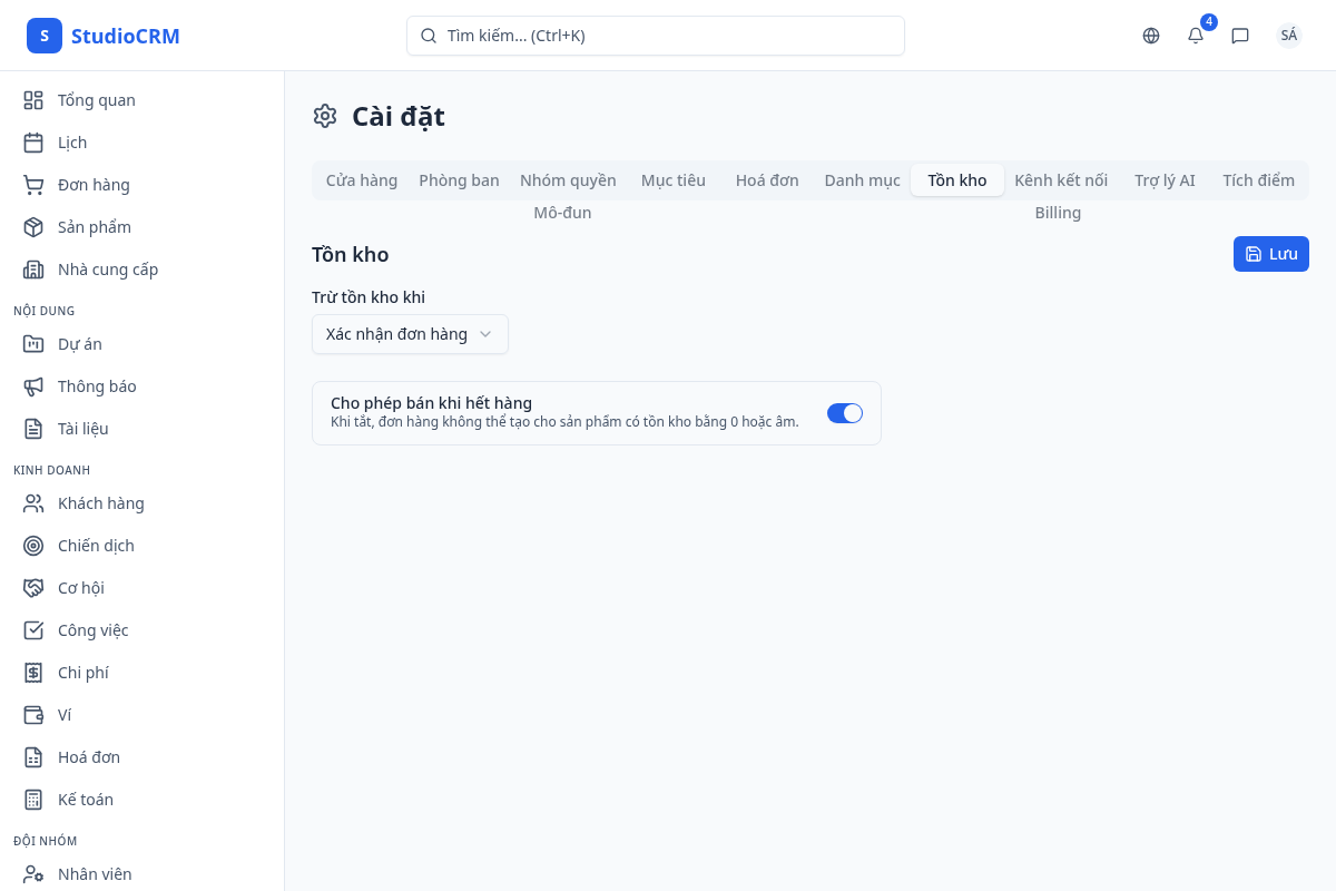Cài đặt tồn kho
