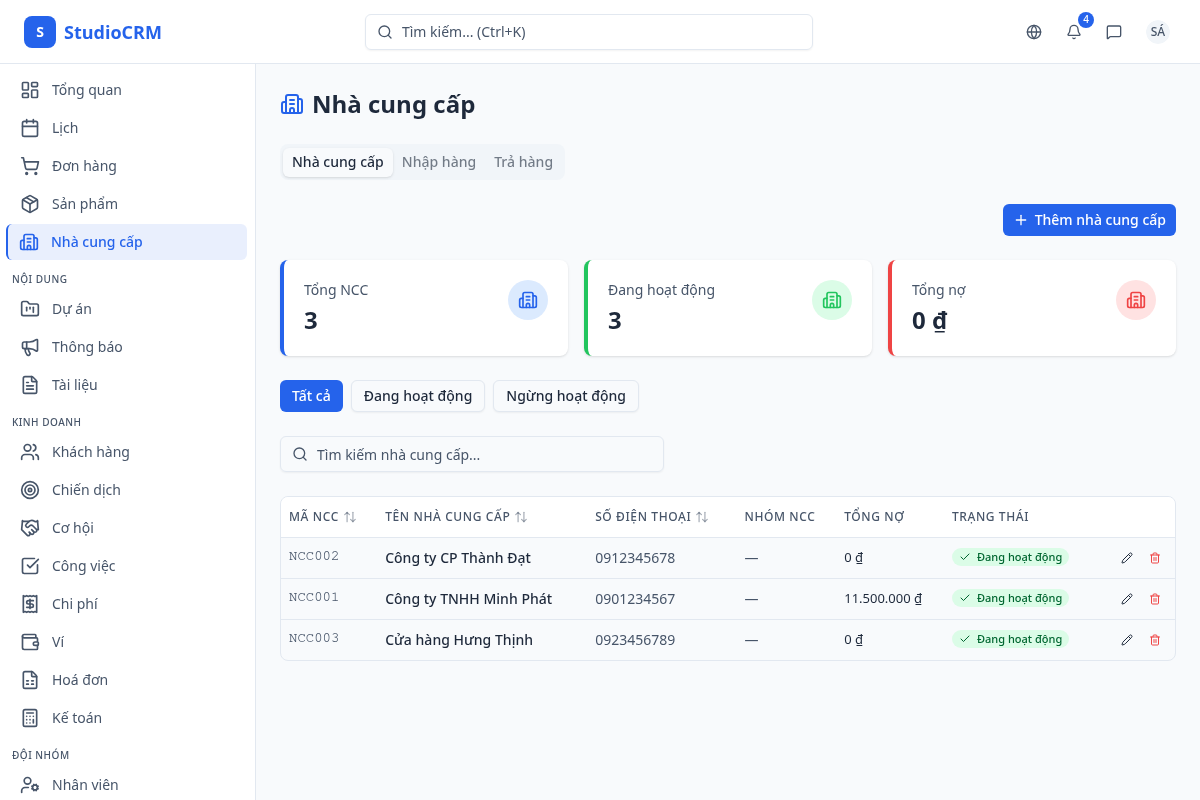 Danh sách nhà cung cấp