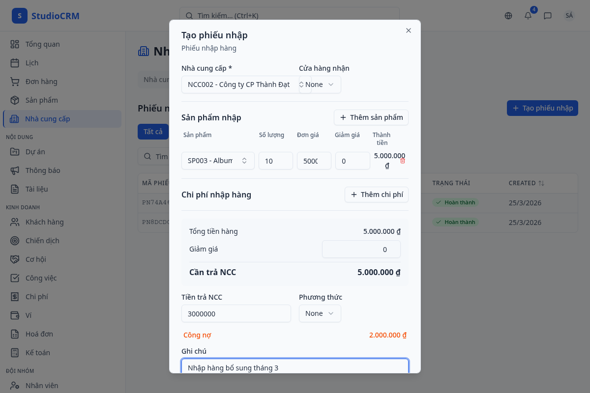 Tạo phiếu nhập hàng