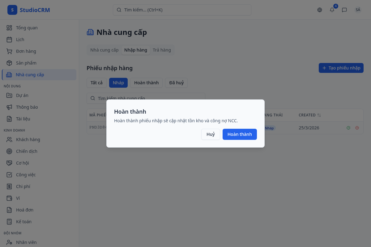 Hoàn thành phiếu nhập
