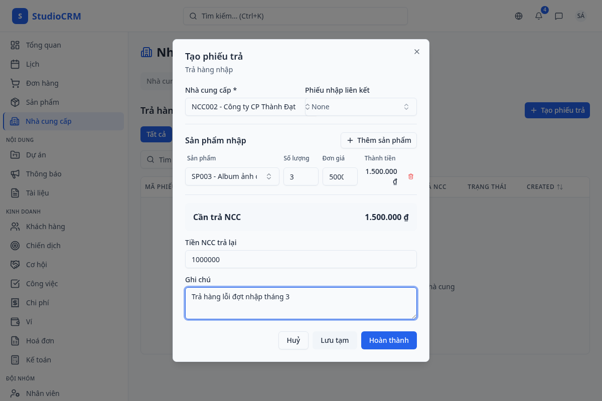 Tạo phiếu trả hàng